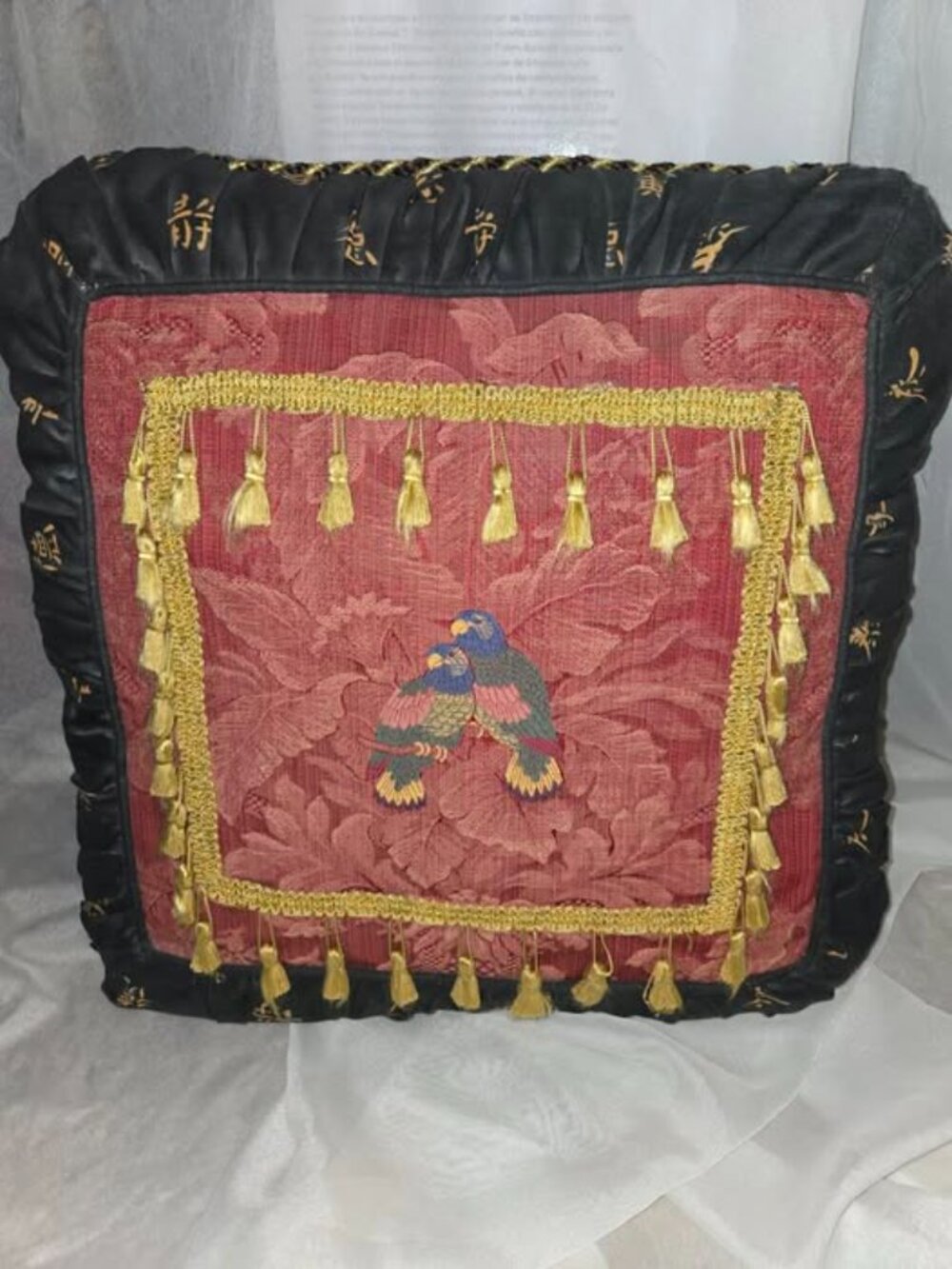 Vtg Chinese Brocaded Tapestry Cushion w/Birds Embroidered Fringe